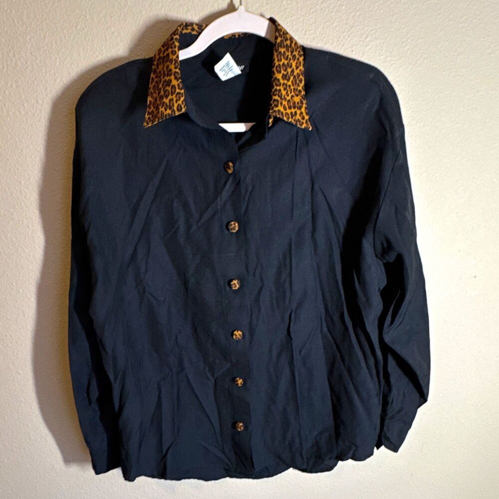 Gianna Women’s Black Woven Button-Up Shirt Long Sleeve Collared Size 10